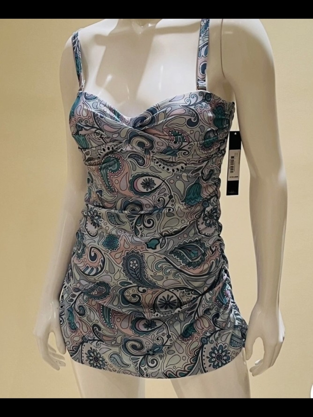 Nicole Miller Paisley Print Ruched Tankini Top in Teal & Blush Large